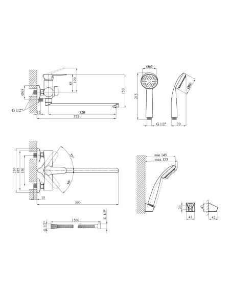 Змішувач для ванни Kroner KRM Elbe - C070, з душовим набором, хром Змішувач для ванни Kroner KRM Elbe - C070, з душовим набором, хром