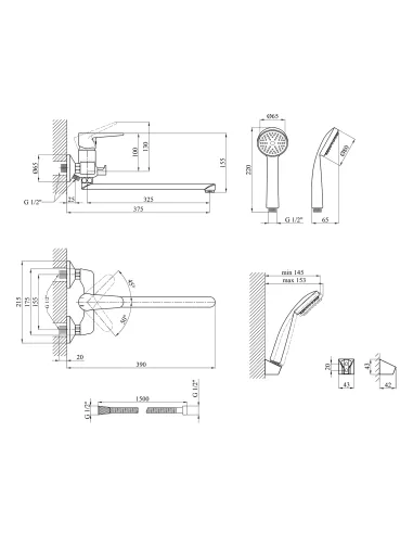 Смеситель для ванны Kroner KRM Elbe - C071, с душевым набором, хром