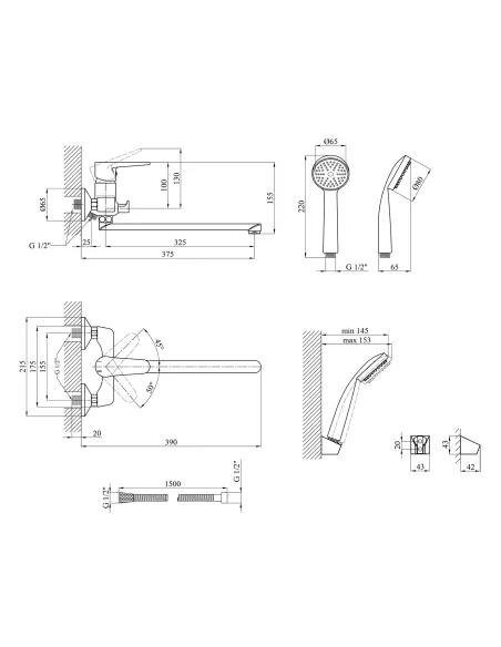 Змішувач для ванни Kroner KRM Elbe - C071, з душовим набором, хром Змішувач для ванни Kroner KRM Elbe - C071, з душовим набором, хром
