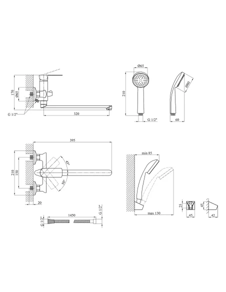 Смеситель для ванны Kroner KRM Fulda - W070, с душевым набором, белый