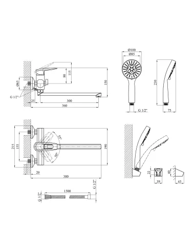Змішувач для ванни Kroner KRM Kante - C070, з душовим набором, хром