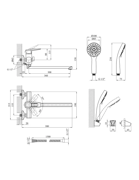 Смеситель для ванны Kroner KRM Kante - C070, с душевым набором, хром