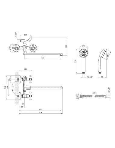 Змішувач для ванни Kroner KRM Rhein - C070, з душовим набором, хром