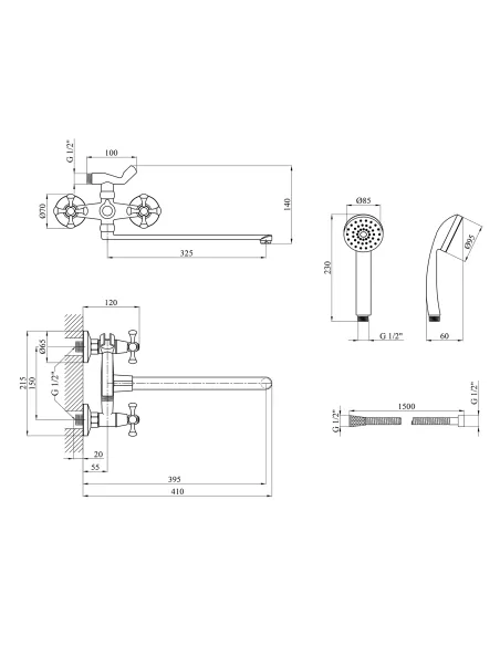 Змішувач для ванни Kroner KRM Rhein - C070, з душовим набором, хром