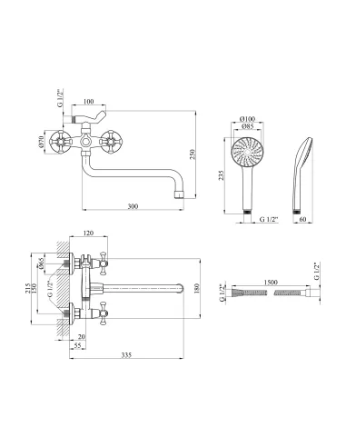 Змішувач для ванни Kroner KRM Rhein - C071, з душовим набором, хром