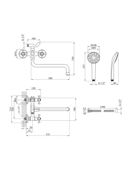 Змішувач для ванни Kroner KRM Rhein - C071, з душовим набором, хром