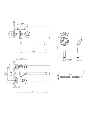 Смеситель для ванны Kroner KRM Rhein - C073, с душевым набором, хром