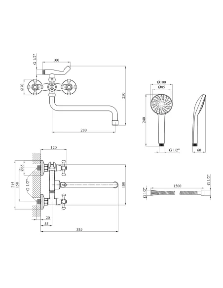 Змішувач для ванни Kroner KRM Rhein - C073, з душовим набором, хром