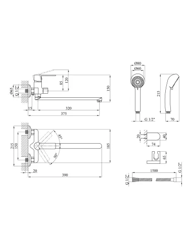 Смеситель для ванны Kroner KRP Bremen - C070, с душевым набором, хром