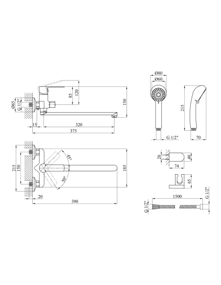 Змішувач для ванни Kroner KRP Bremen - C070, з душовим набором, хром