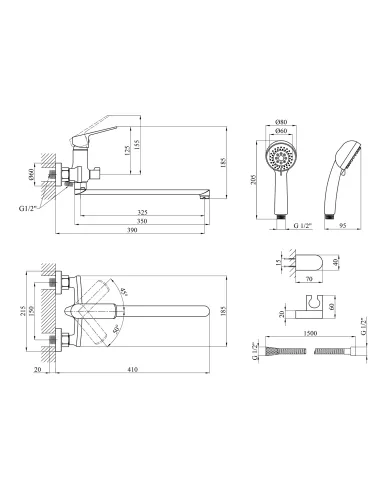 Смеситель для ванны Kroner KRP Dorn - C070, с душевым набором, хром