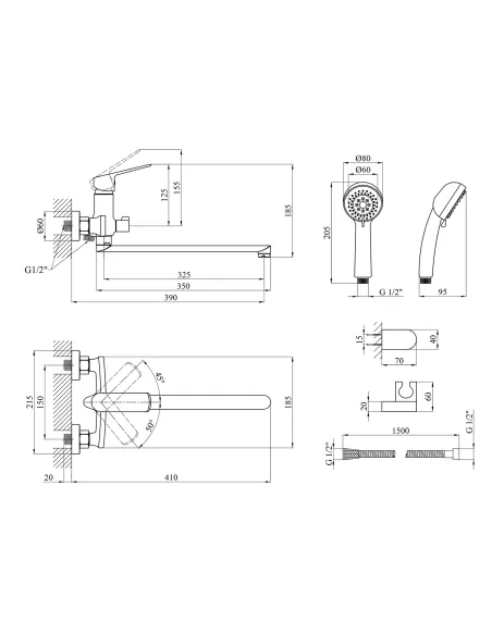 Смеситель для ванны Kroner KRP Dorn - C070, с душевым набором, хром