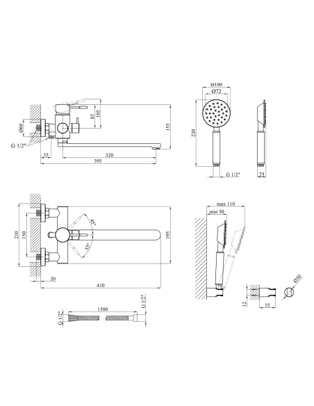 Смеситель для ванны Kroner KRP Edelstahl Klassisch - ESG070, с душевым набором, никель
