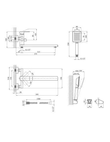 Змішувач для ванни Kroner KRP Edelstahl Kubus - ESG070 з душовим набором, нікель