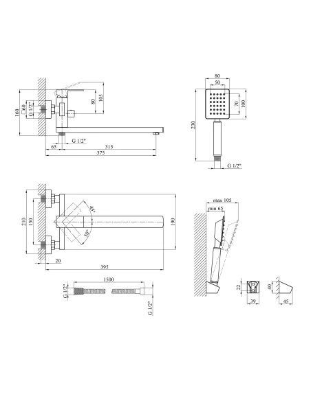 Смеситель для ванны Kroner KRP Edelstahl Kubus - ESG070, с душевым набором, никель