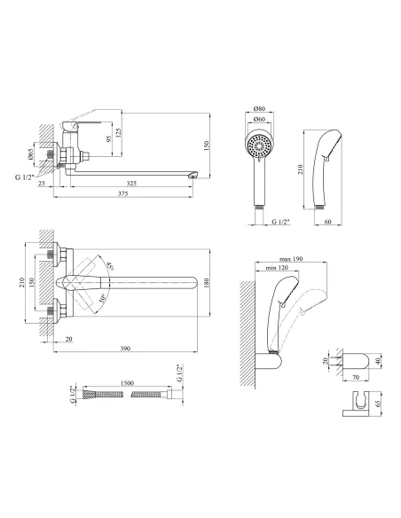 Змішувач для ванни Kroner KRP Eifel - C070, з душовим набором, хром