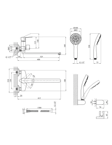 Смеситель для ванны Kroner KRP Enzo - C070, с душевым набором, хром