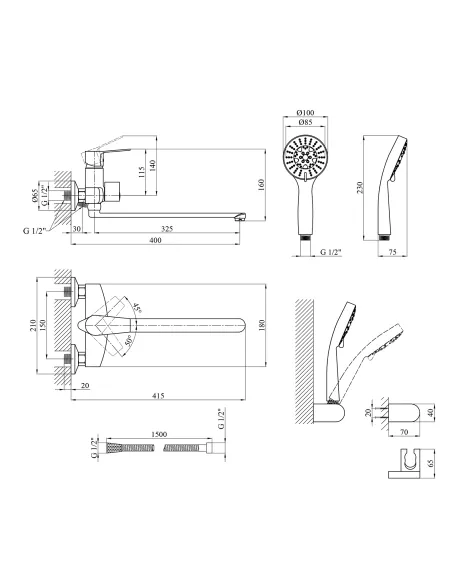 Змішувач для ванни Kroner KRP Enzo - C070, з душовим набором, хром Змішувач для ванни Kroner KRP Enzo - C070, з душовим набором, хром