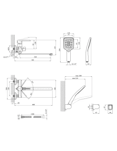 Смеситель для ванны Kroner KRP Essen - SCH070, с душевым набором, хром-черный