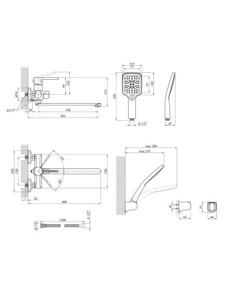 Смеситель для ванны Kroner KRP Essen - W070, с душевым набором, хром-белый