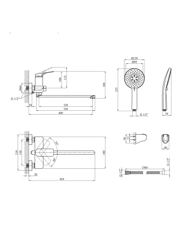 Смеситель для ванны Kroner KRP Graz - GRP070, с душевым набором, графит
