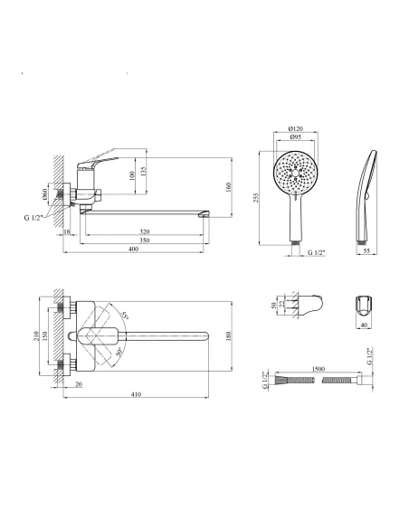 Смеситель для ванны Kroner KRP Graz - GRP070, с душевым набором, графит