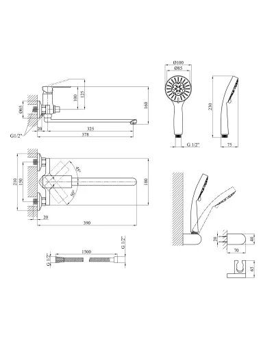 Смеситель для ванны Kroner KRP Harz - C070, с душевым набором, хром