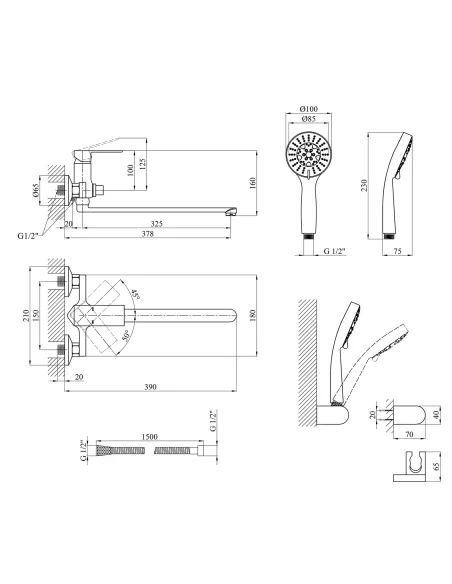Змішувач для ванни Kroner KRP Harz - C070, з душовим набором, хром Змішувач для ванни Kroner KRP Harz - C070, з душовим набором, хром
