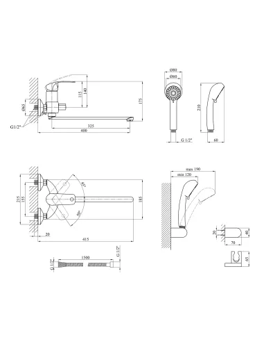 Змішувач для ванни Kroner KRP Konstante - C070, з душовим набором, хром