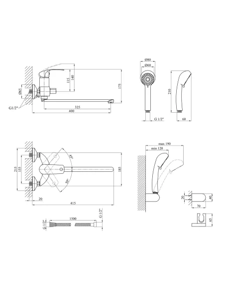 Смеситель для ванны Kroner KRP Konstante - C070, с душевым набором, хром
