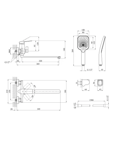 Смеситель для ванны Kroner KRP Makon - C070, с душевым набором, хром