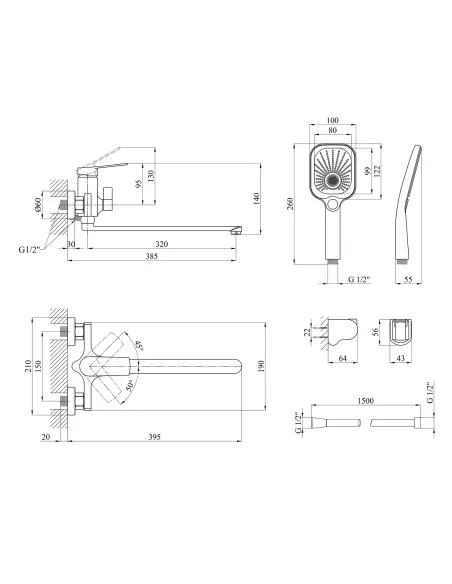 Смеситель для ванны Kroner KRP Makon - C070, с душевым набором, хром