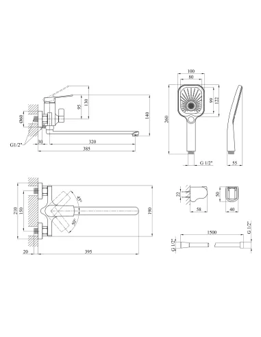 Змішувач для ванни Kroner KRP Makon - GRP070 з душовим набором, графіт