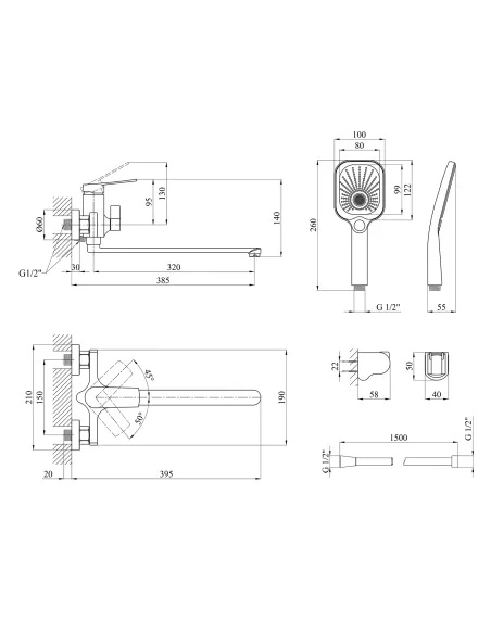 Змішувач для ванни Kroner KRP Makon - GRP070 з душовим набором, графіт Змішувач для ванни Kroner KRP Makon - GRP070 з душовим набором, графіт