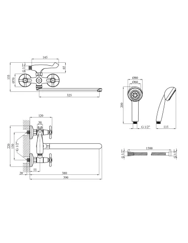 Змішувач для ванни Kroner KRP Royce - C070, з душовим набором, двовентильний