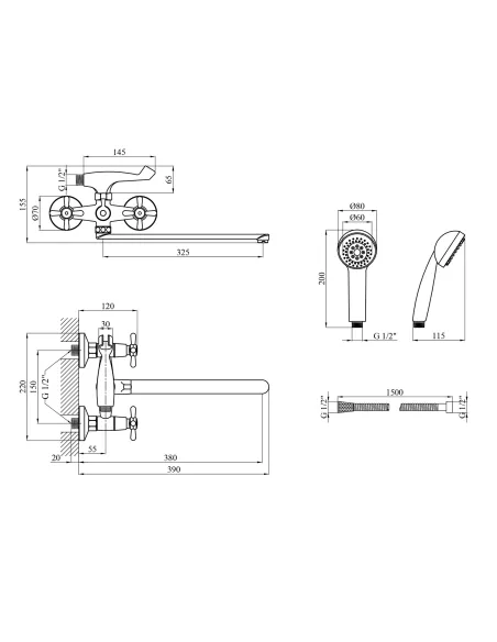 Змішувач для ванни Kroner KRP Royce - C070, з душовим набором, двовентильний