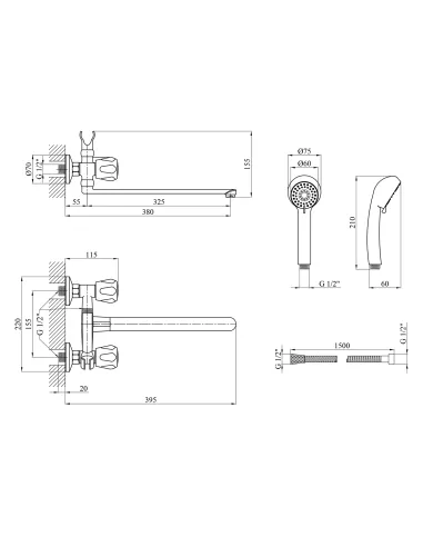 Смеситель для ванны Kroner KRP Hamburg - C070, с душевым набором, двухвентильный