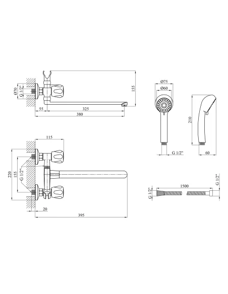 Смеситель для ванны Kroner KRP Hamburg - C070, с душевым набором, двухвентильный