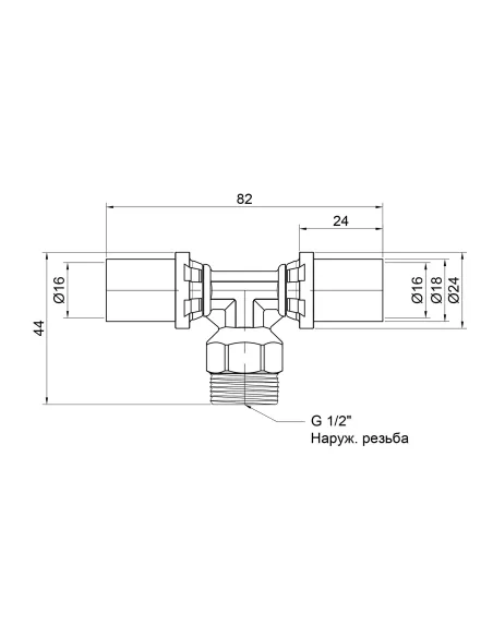 Трійник-прес Icma 407 16 х 1/2 х 16 мм, для металопластикових труб Трійник-прес Icma 407 16 х 1/2 х 16 мм, для металопластикових труб