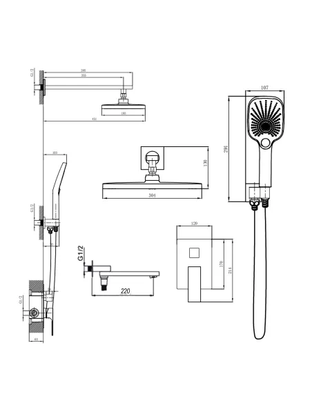 Душевая система Q-Тap Gemini QTGEM114GMB45704 Gunmetal Black PVD, скрытого монтажа