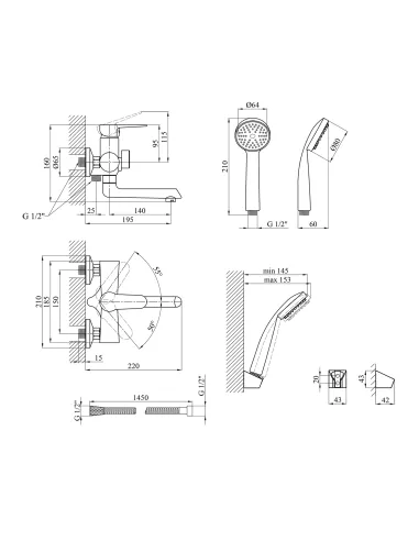 Змішувач для ванни Kroner KRM Elbe - N060 з душовим набором.