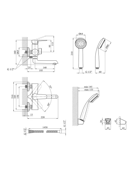 Змішувач для ванни Kroner KRM Elbe - N060 з душовим набором. Змішувач для ванни Kroner KRM Elbe - N060 з душовим набором.