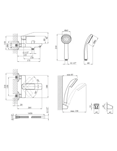 Смеситель для ванны Kroner KRM Fulda — W060, с душевым набором