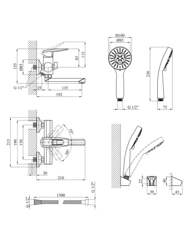 Змішувач для ванни Kroner KRM Kante — C060 з душовим набором.