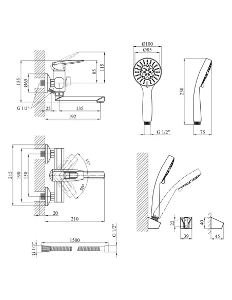 Смеситель для ванны Kroner KRM Kante — C060, с душевым набором