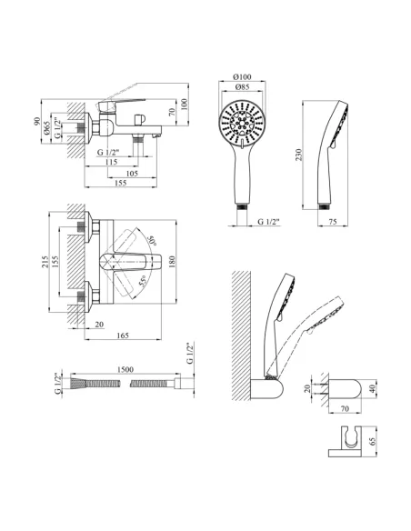 Змішувач для ванни Kroner KRP Brocken - C060, з душовим набором Змішувач для ванни Kroner KRP Brocken - C060, з душовим набором