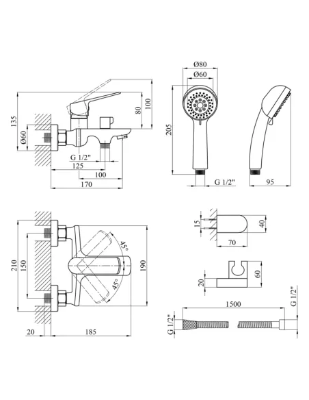 Смеситель для ванны Kroner KRP Dorn — C060, с душевым набором