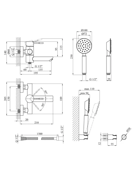 Змішувач для ванни Kroner KRP Edelstahl Klassisch - ESG060, з душовим набором Змішувач для ванни Kroner KRP Edelstahl Klassisch - ESG060, з душовим набором
