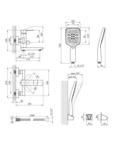 Смеситель для ванны Kroner KRP Edelstahl Kubus — SCH060, с душевым набором