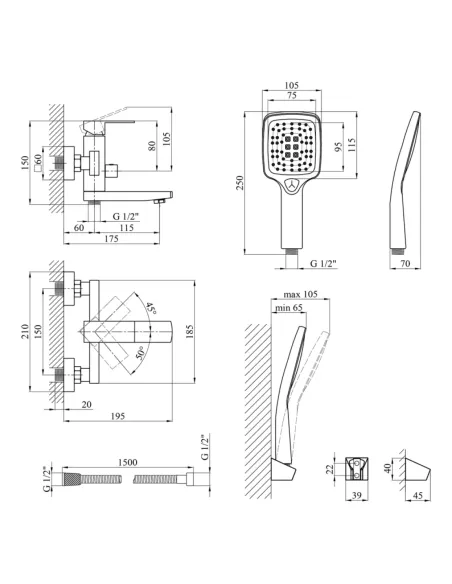 Смеситель для ванны Kroner KRP Edelstahl Kubus — SCH060, с душевым набором